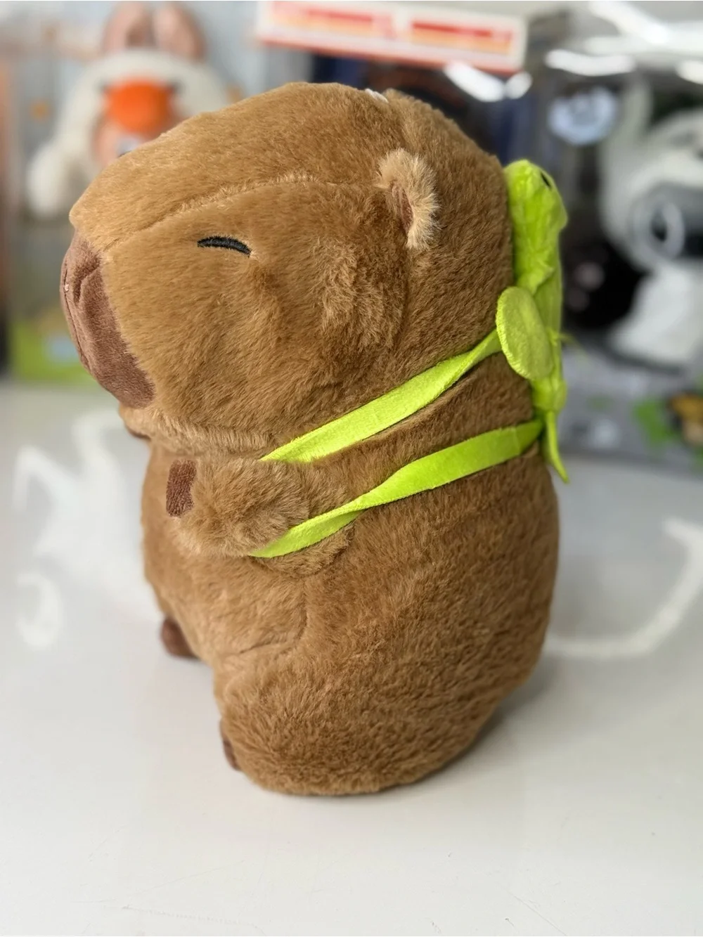 Plush Small Pet Brown Capybara Toy with Lime Green Turtle Backpack